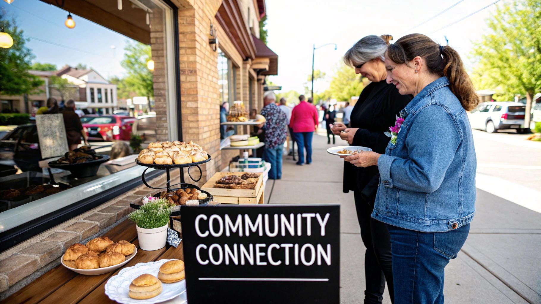 People gathering at a local community event hosted by a business.